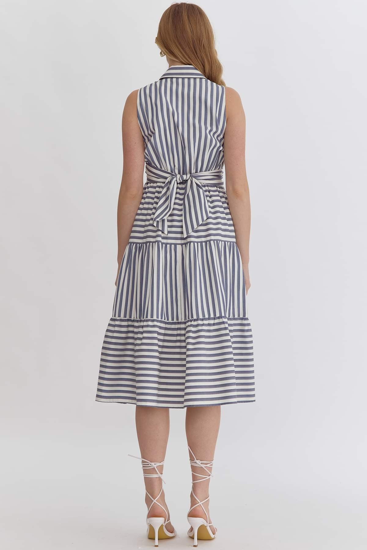 V-neck Collared Striped Midi Dress
