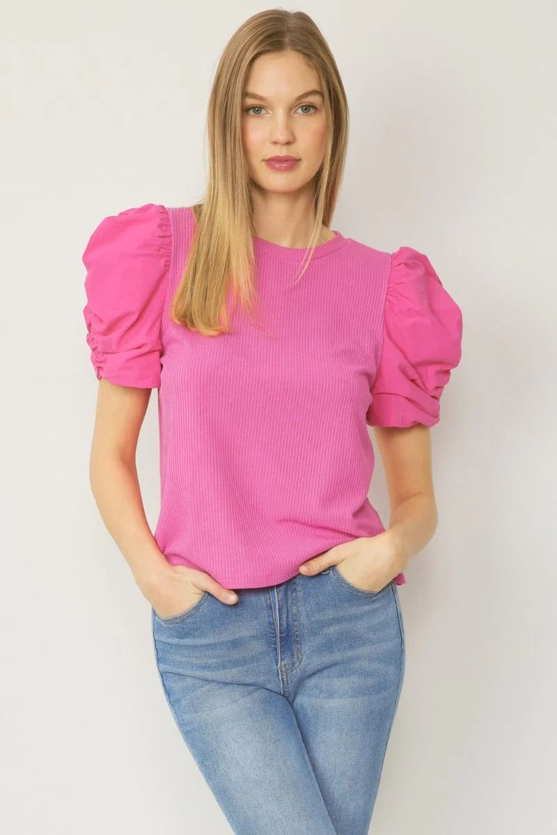 Pink Ribbed Puff Sleeve Top