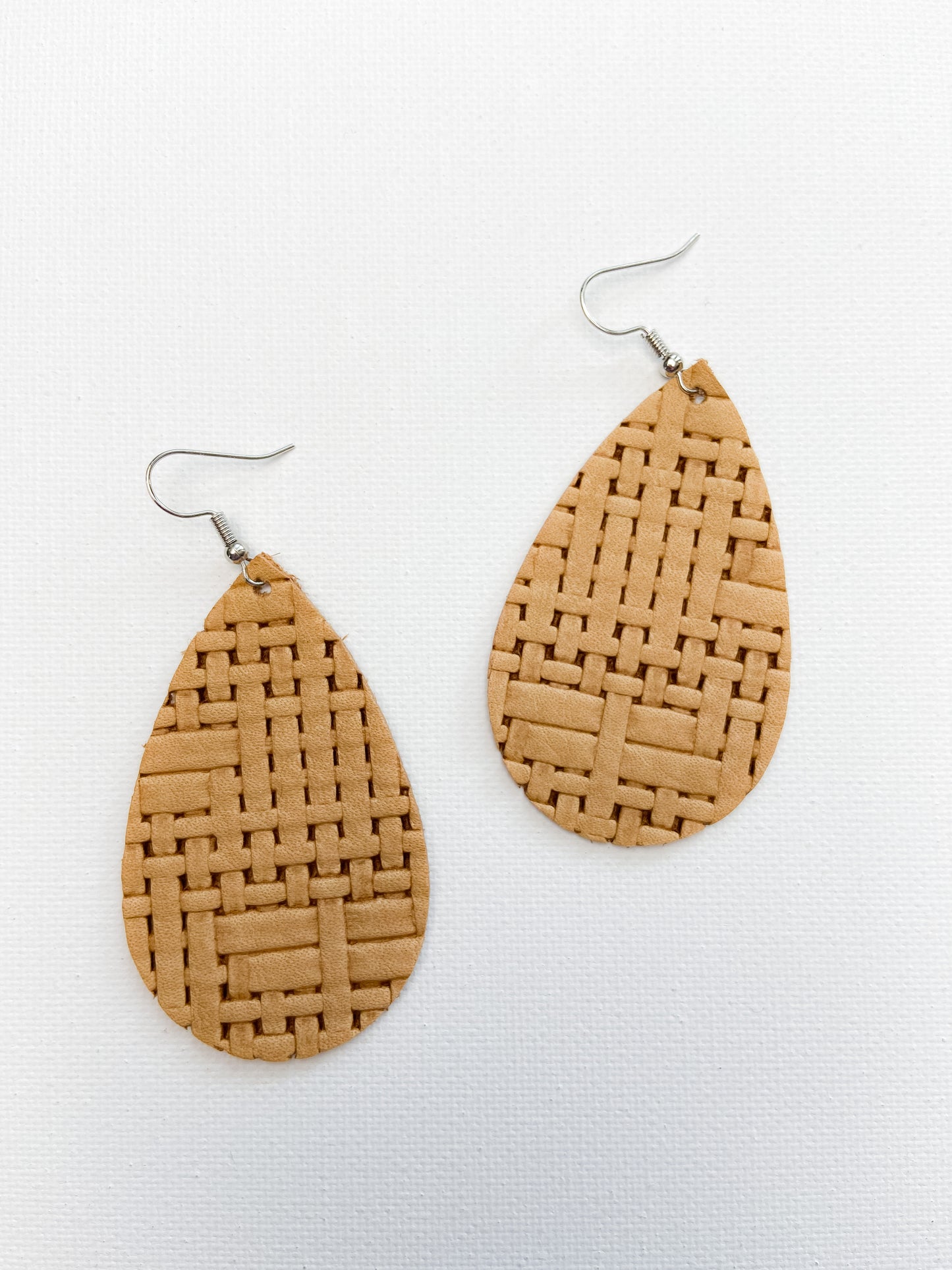 Tan Suede Basket Weave Earrings - Medium