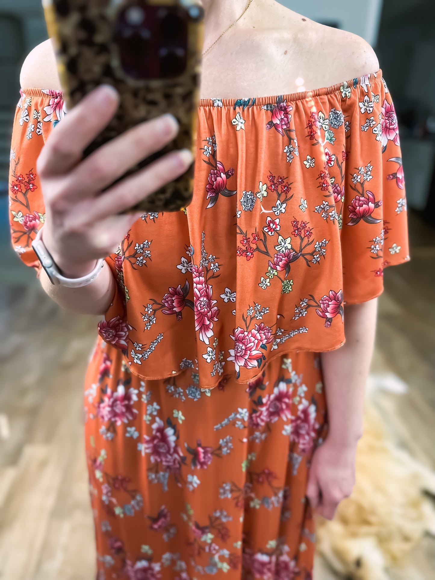 Rust Floral Off The Shoulder Maxi Dress