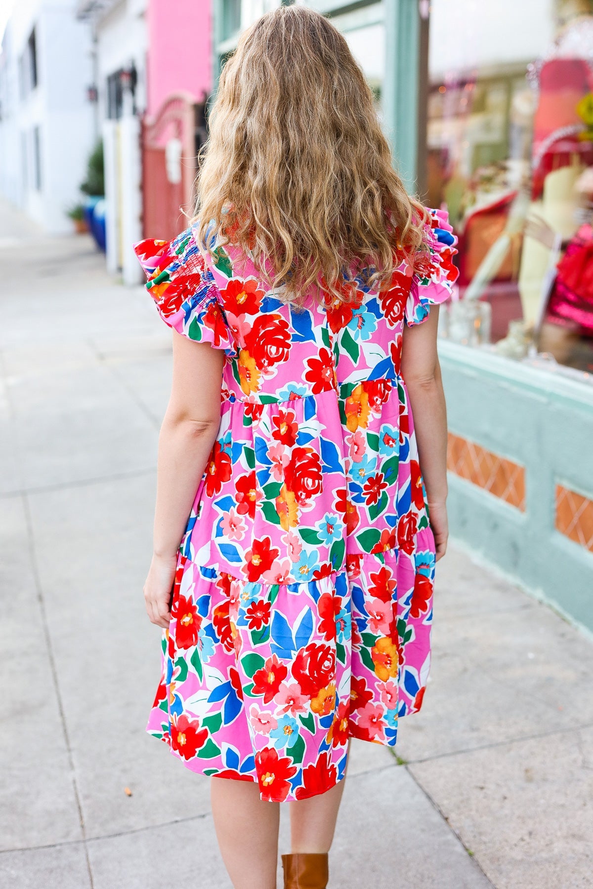 Pink Floral Smocked Ruffle Sleeve Tiered Dress