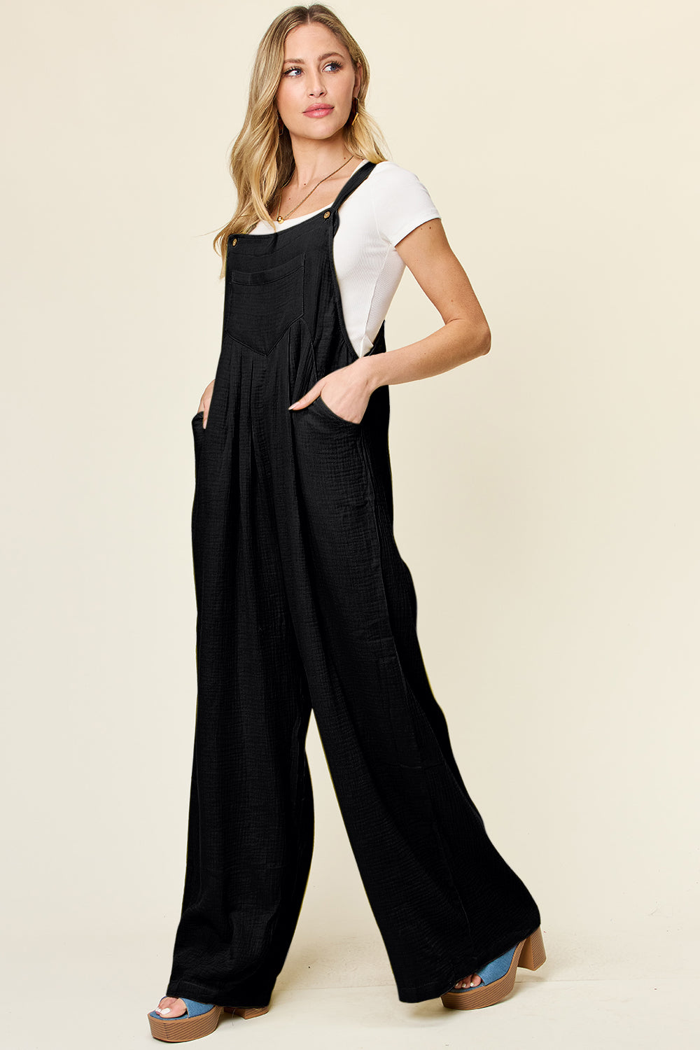 Black Texture Wide Strap Wide Leg Overall