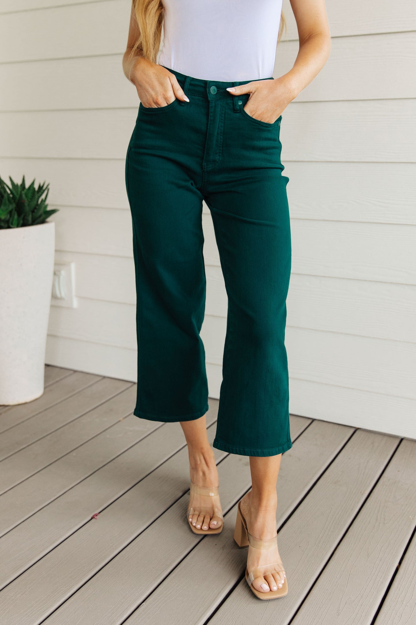 Judy Blue High Rise Control Top Wide Leg Crop Jeans in Teal
