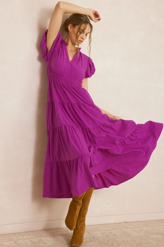 Violet Bubble Sleeve Tiered Midi Dress