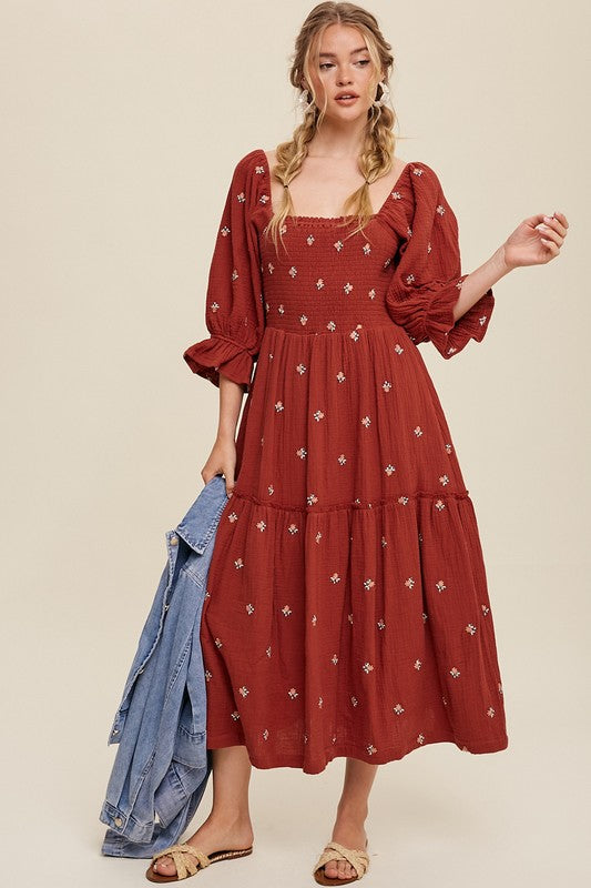 Brick Ditzy Floral Embroidery Puff Sleeve Maxi Dress
