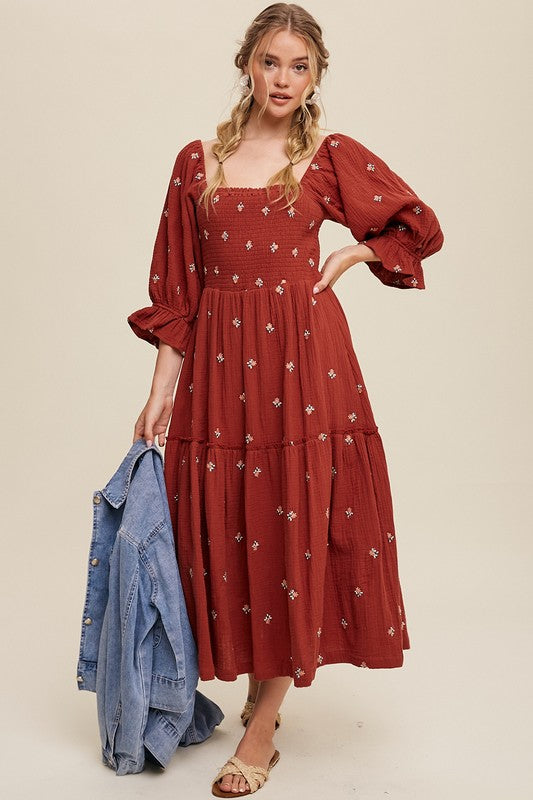 Brick Ditzy Floral Embroidery Puff Sleeve Maxi Dress