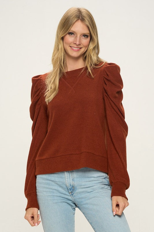 Spice Pleated Sleeve Brushed Knit Pullover