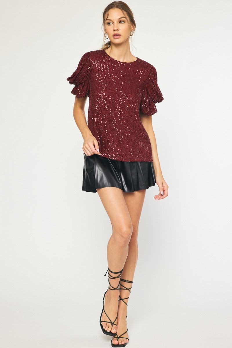 Glam It Up Holiday Sequin Top - Burgundy