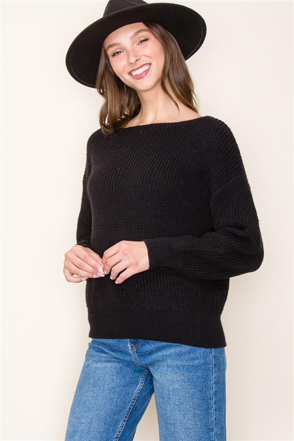 Black Boat Neck Pullover Sweater