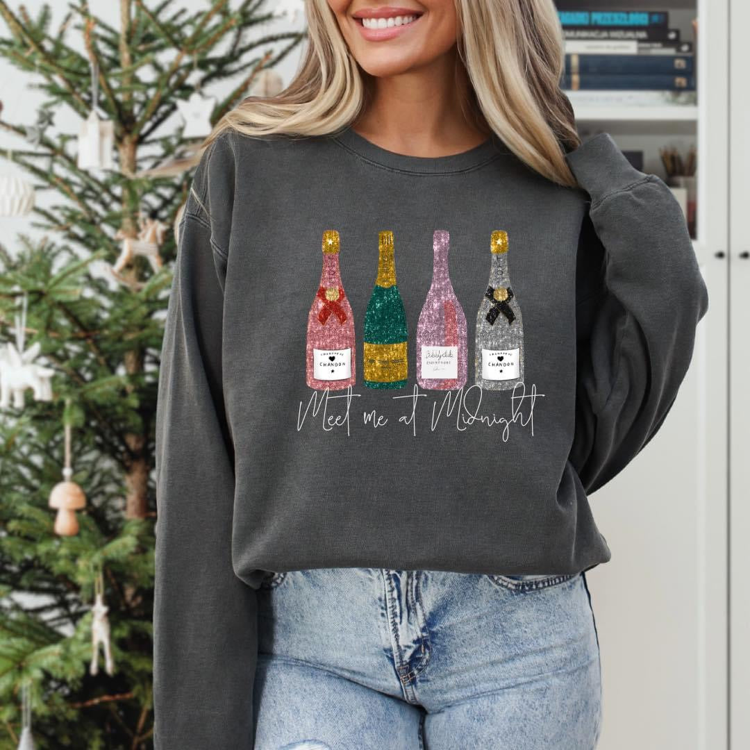 Meet Me At Midnight Faux Glitter Champagne Graphic Tee or Sweatshirt