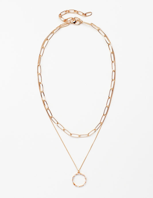 Gold Open Chain and Crystal Circle Layered Necklace
