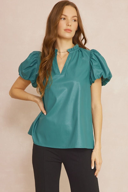 Teal Green Faux Leather V-neck Top