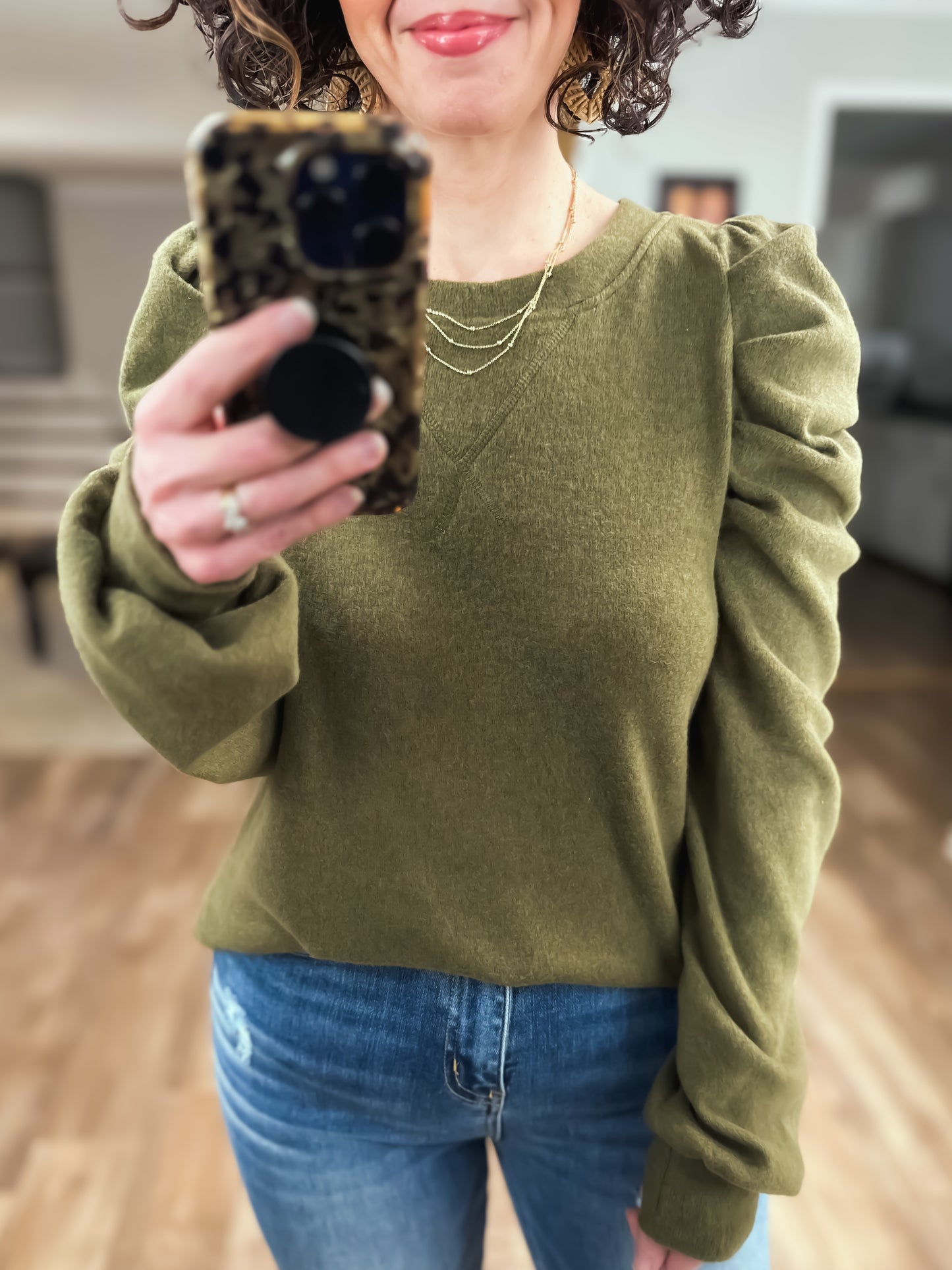 Olive Pleated Long Sleeve Brushed Knit Top