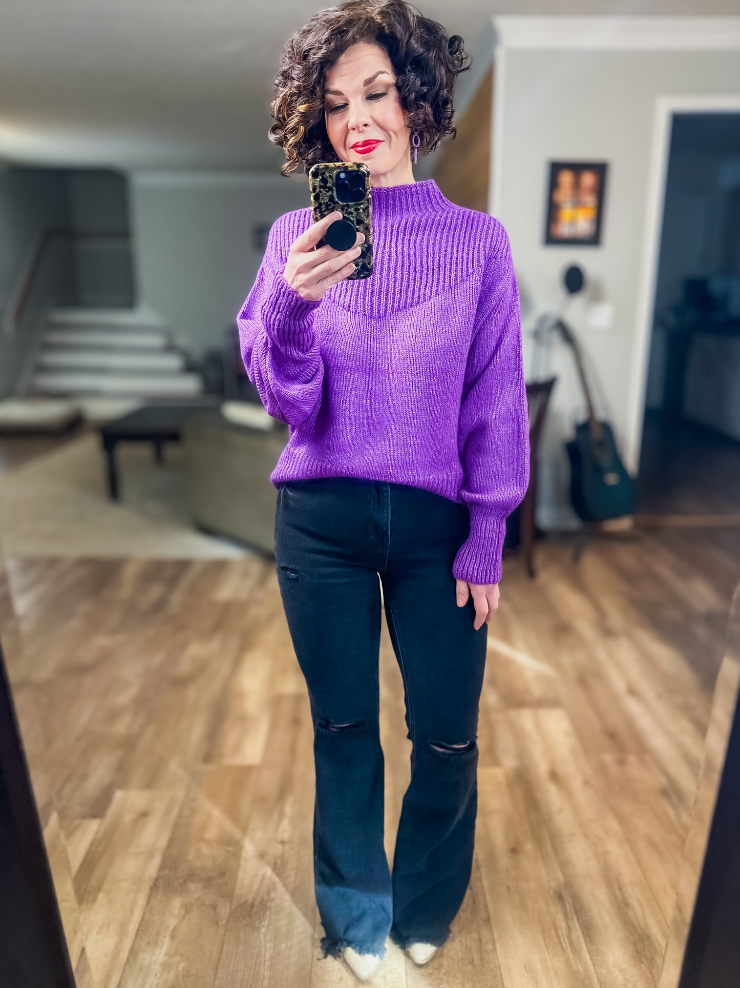 Purple Balloon Sleeve Mock Neck Sweater