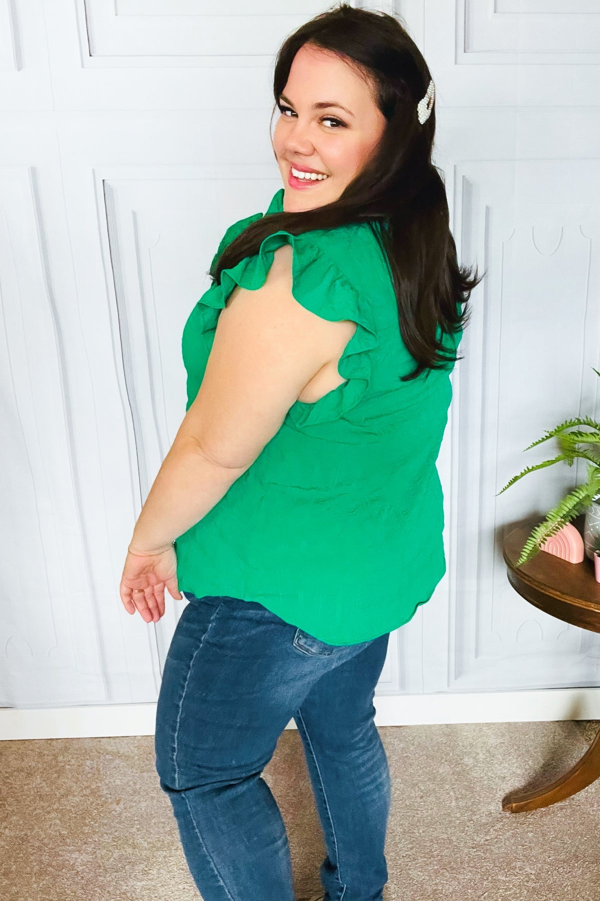 Kelly Green Textured Ruffle Mock Neck Button Down Top