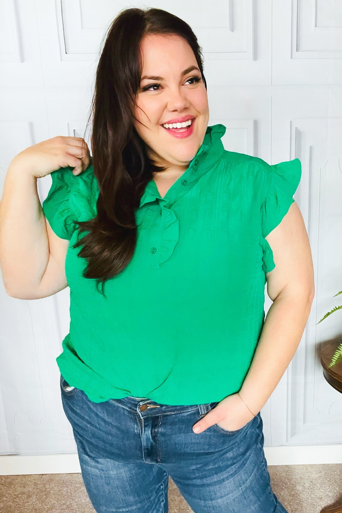 Kelly Green Textured Ruffle Mock Neck Button Down Top