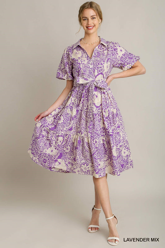 Pre Order: Lavender Mixed Print Collared A-Line Midi Dress