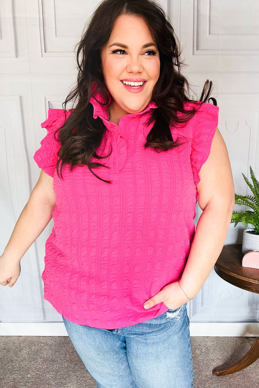 Hot Pink Textured Ruffle Mock Neck Button Down Top