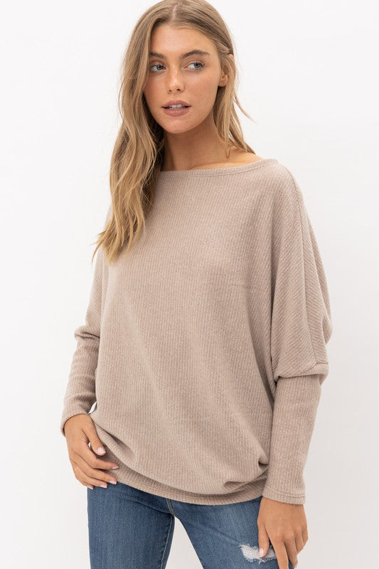 Taupe Long Sleeve Brushed Knit High Low Top