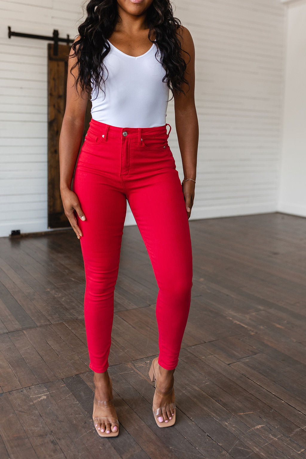 Judy Blue Red High Rise Control Top Garment Dyed Skinny Jeans