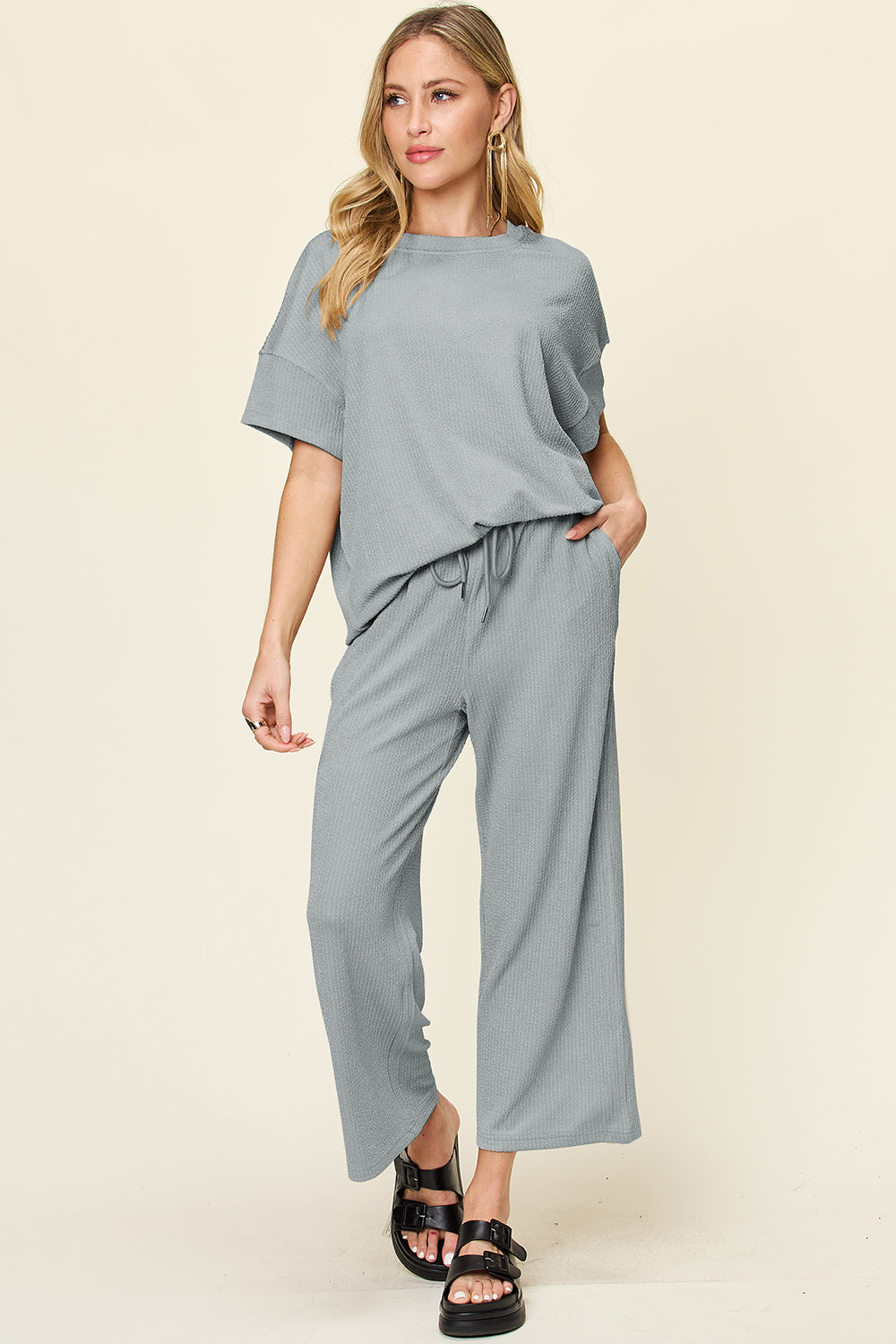 Texture Round Neck Short Sleeve T-Shirt and Wide Leg Pants - 6 colors