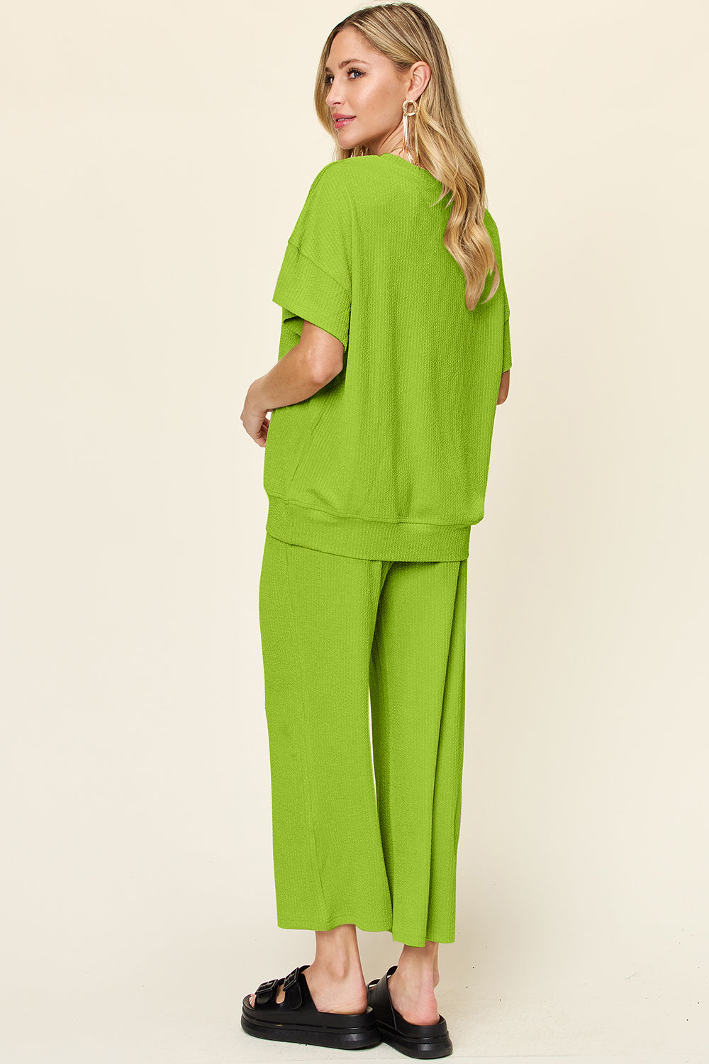 Texture Round Neck Short Sleeve T-Shirt and Wide Leg Pants - 6 colors