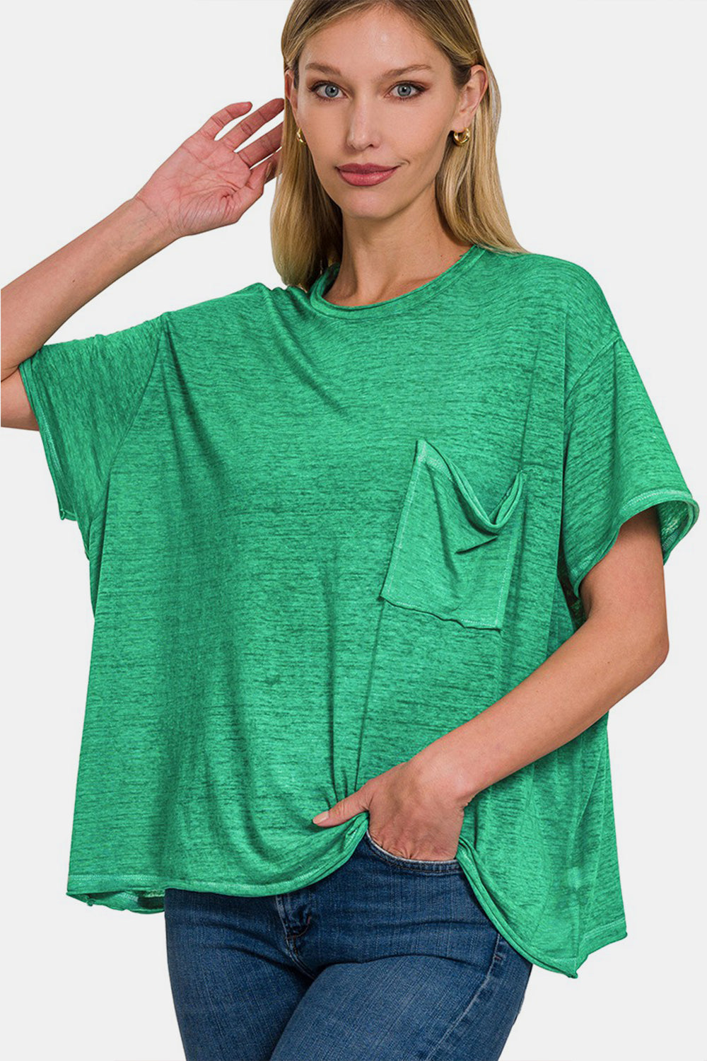 Zenana Green Pocketed Round Neck Dropped Shoulder T-Shirt