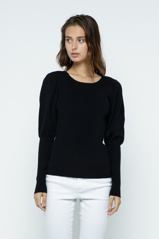 Women’s Black Round Neck Ribbed Puff Sleeve Sweater 