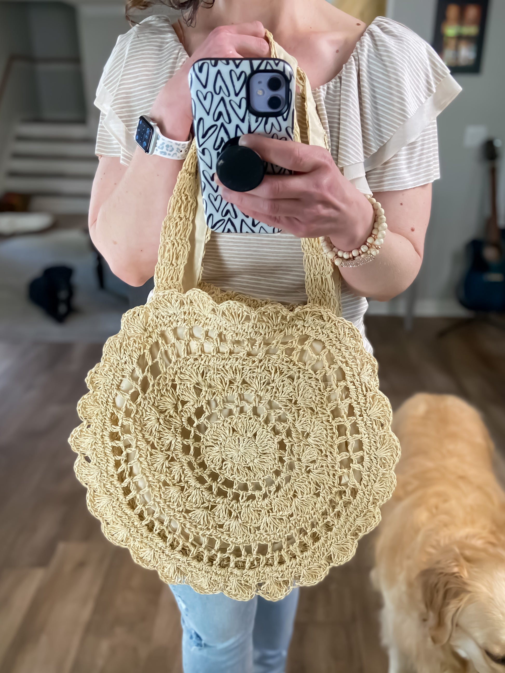 Beige Crochet Knit Straw Bag 