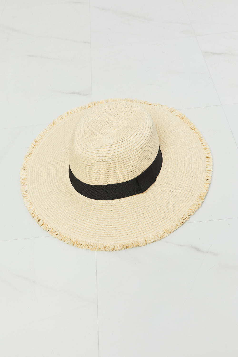 Ivory Fringe Black Ribbon Straw Hat