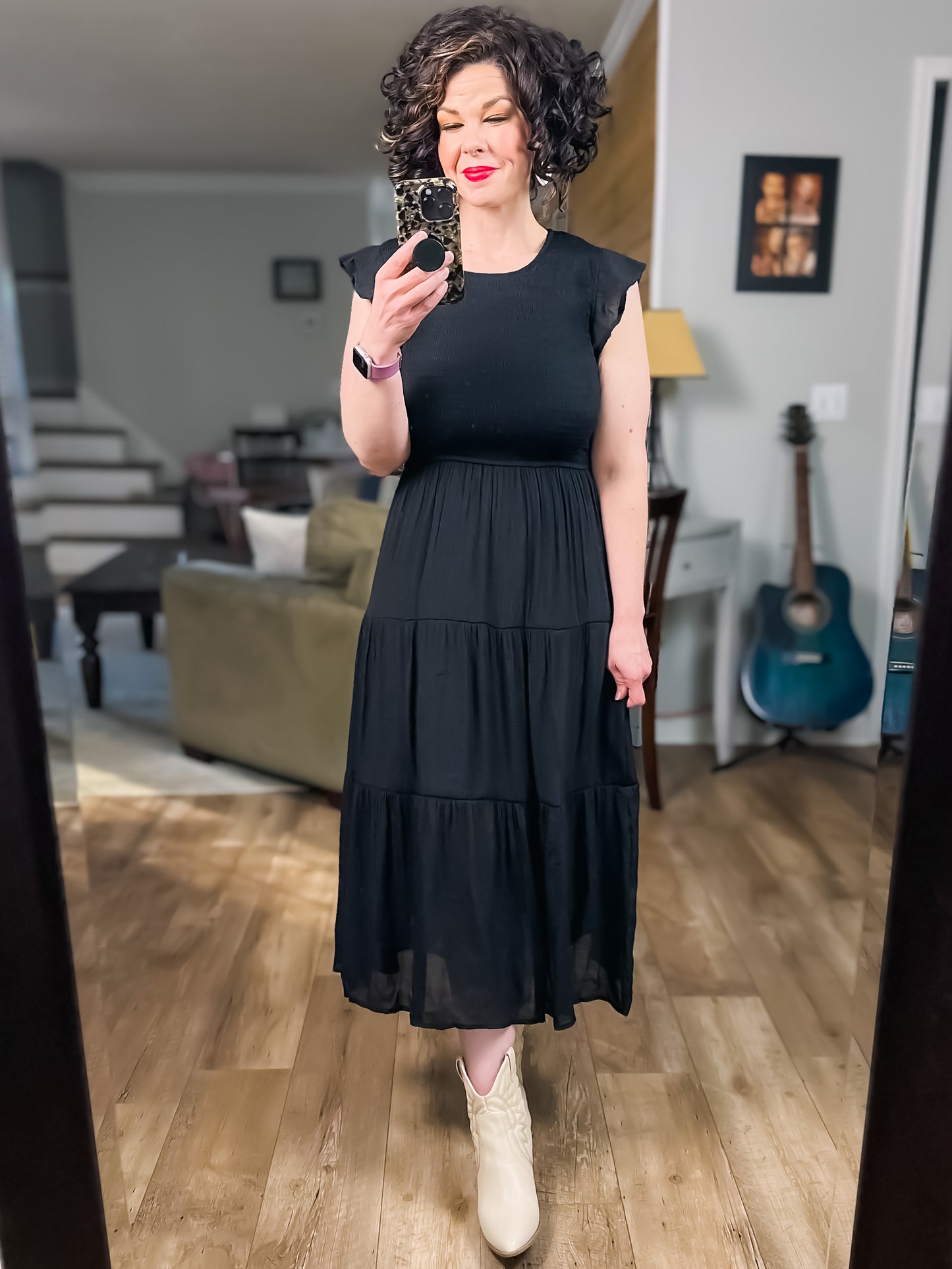 Black Smocked Midi Dress with Tiered Skirt