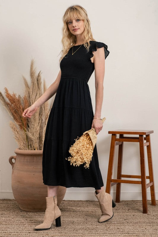 Black Smocked Midi Dress with Tiered Skirt