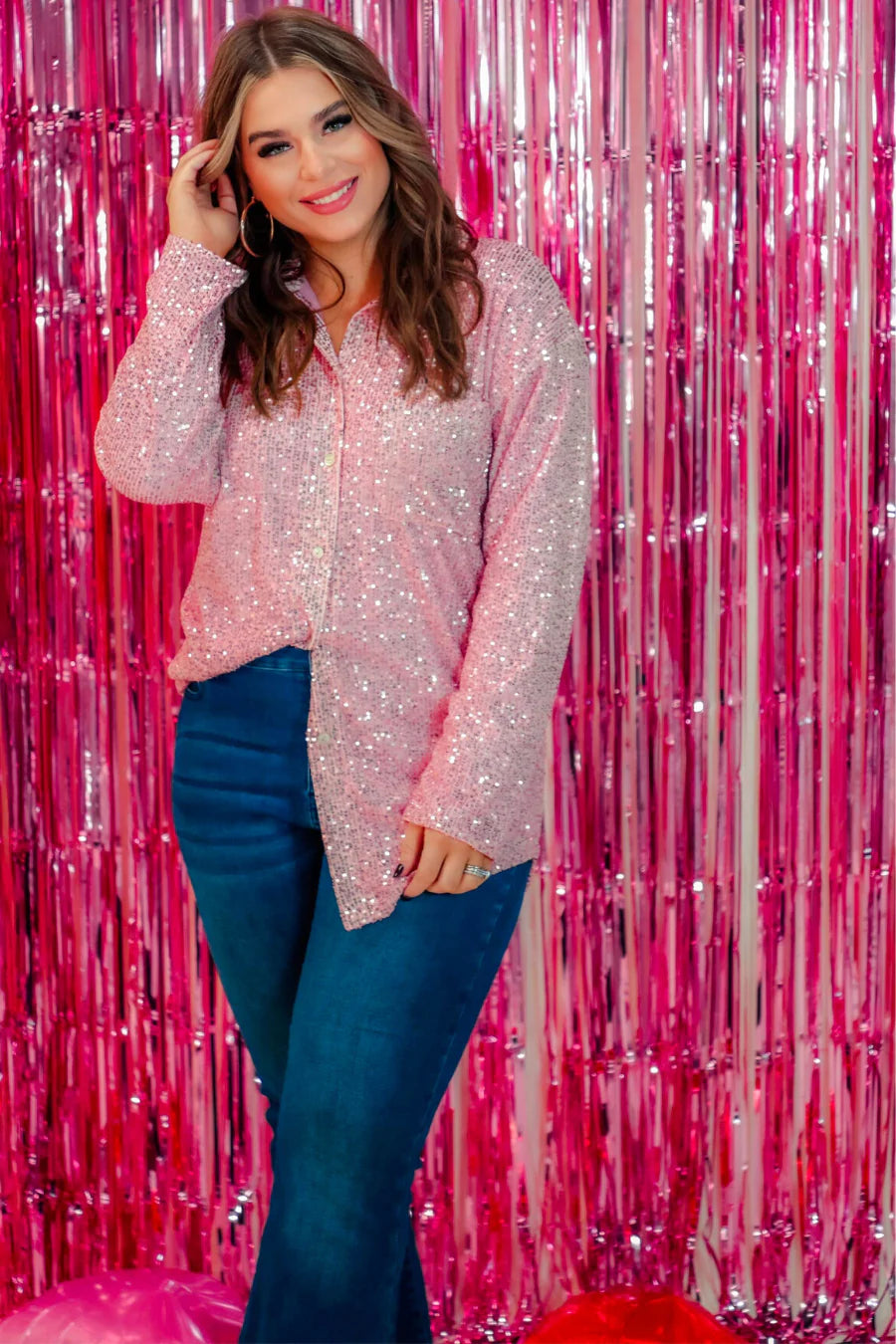 Pink Long Sleeve Button Down Sequin Top
