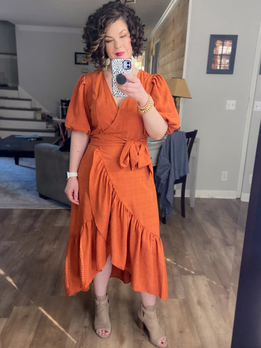 Burnt Orange Ruffle Hem Wrap Dress