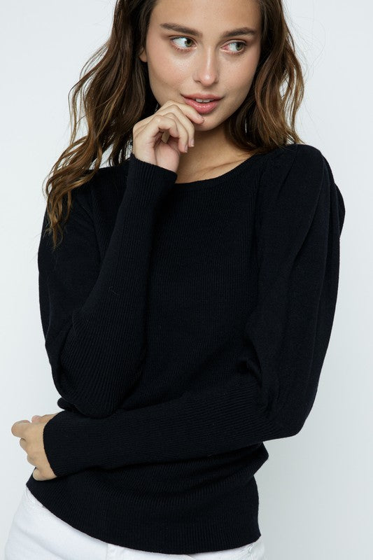 Women’s Black Round Neck Ribbed Puff Sleeve Sweater 