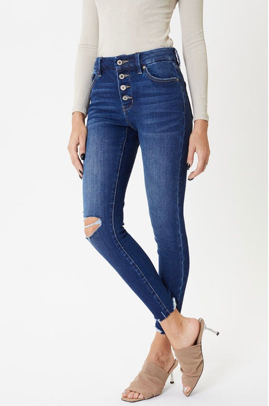 Kan Can Mid Rise Exposed Button Skinny Jean 