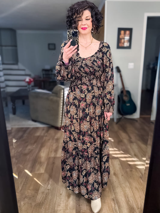 Floral Smocked Long Sleeve Criss Cross Maxi Dress ** Deal of the day