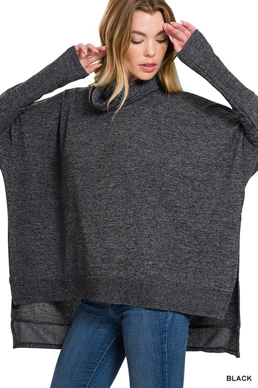 Black Brushed Melange Cowl Neck Poncho Sweater