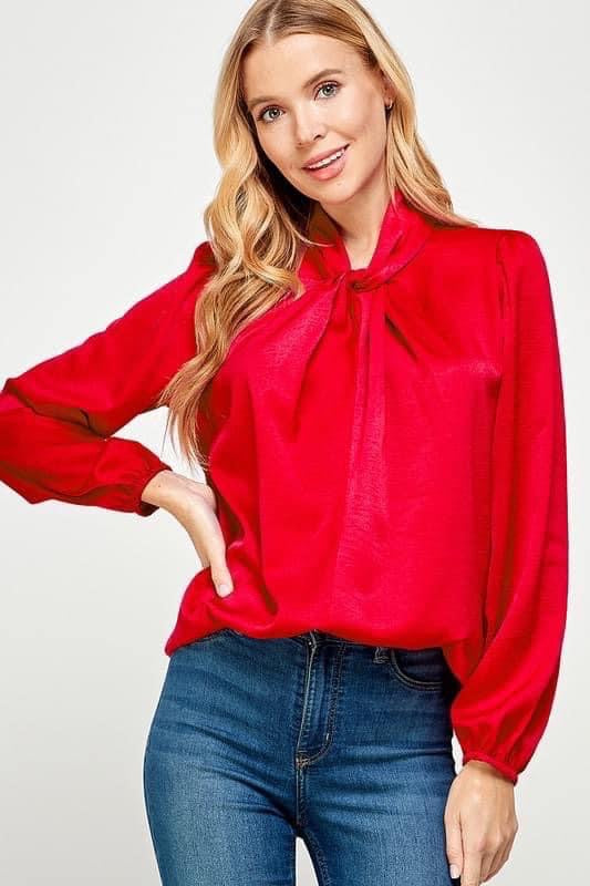 Red Satin Knotted Neckline Top