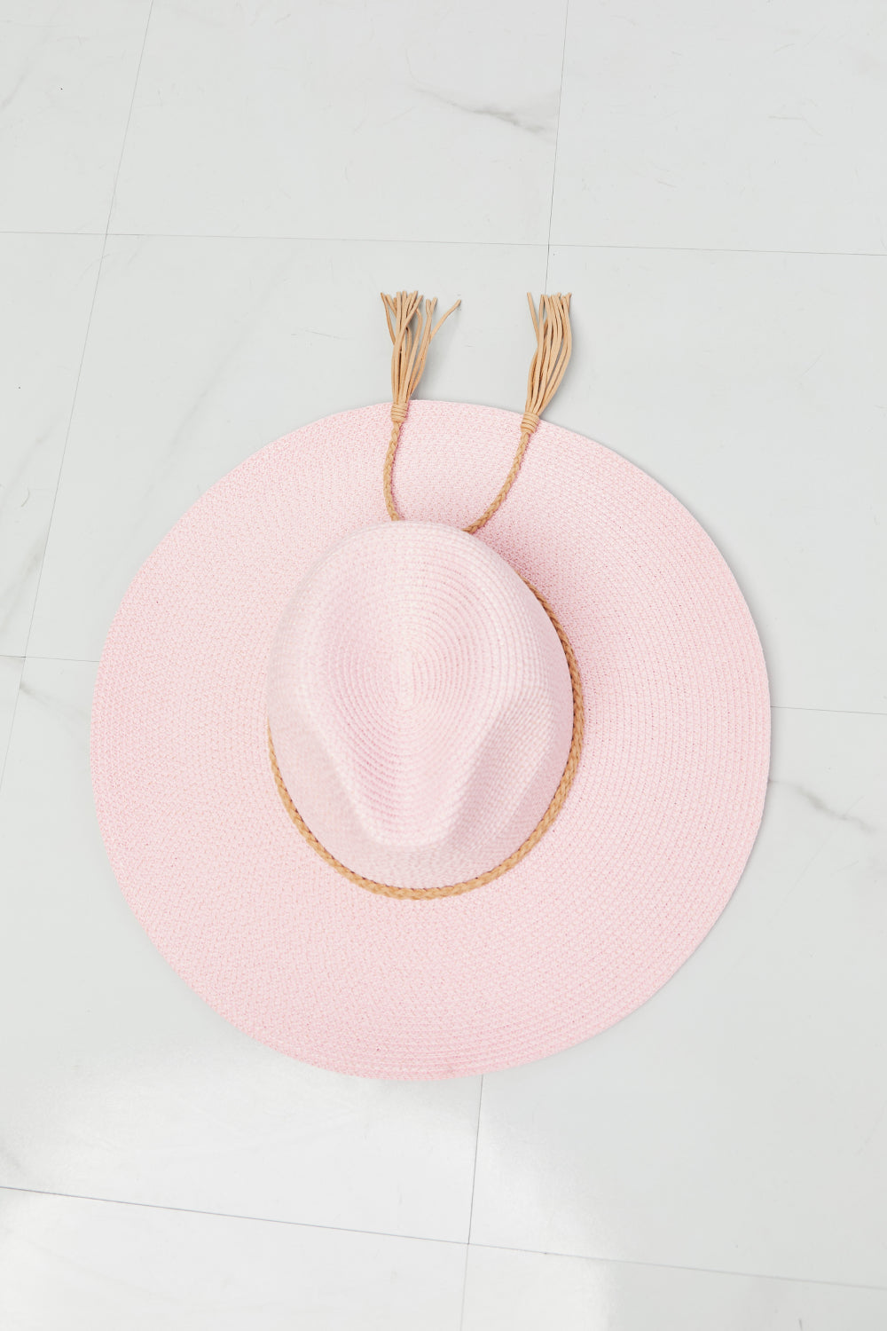 Pink Weaved Faux Leather Braided Straw Hat